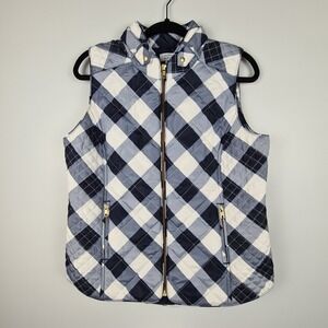 Crown & Ivy Women's Quilted Puffer Vest Plaid‎ Medium Blue and White Pockets